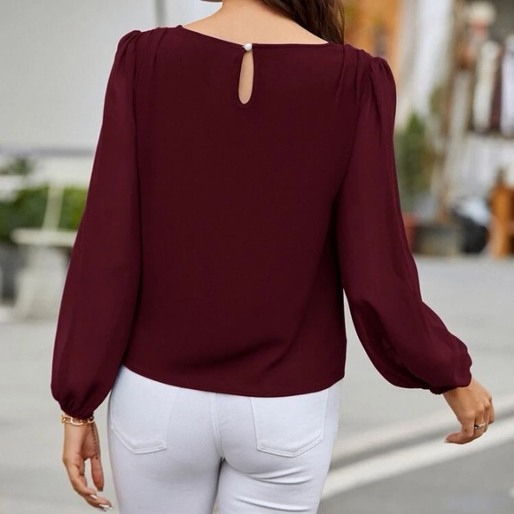 🆕 Burgundy Long-Sleeve Blouse w/ Sheer Sleeves - Picture 2 of 6